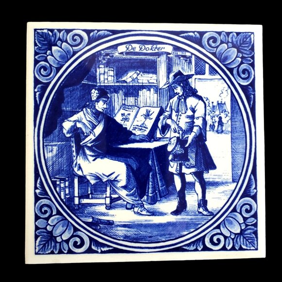 Vintage W German Tile Decorative Ceramic Delft "De Dokter" 6x6 Blue & White - Picture 10 of 10